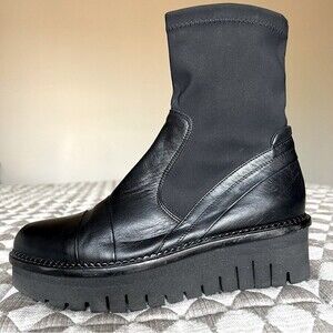 Karolyn’s Henke Black Leather Nylon Sock Moto Boot Women US 7.5 Goth Grunge Punk